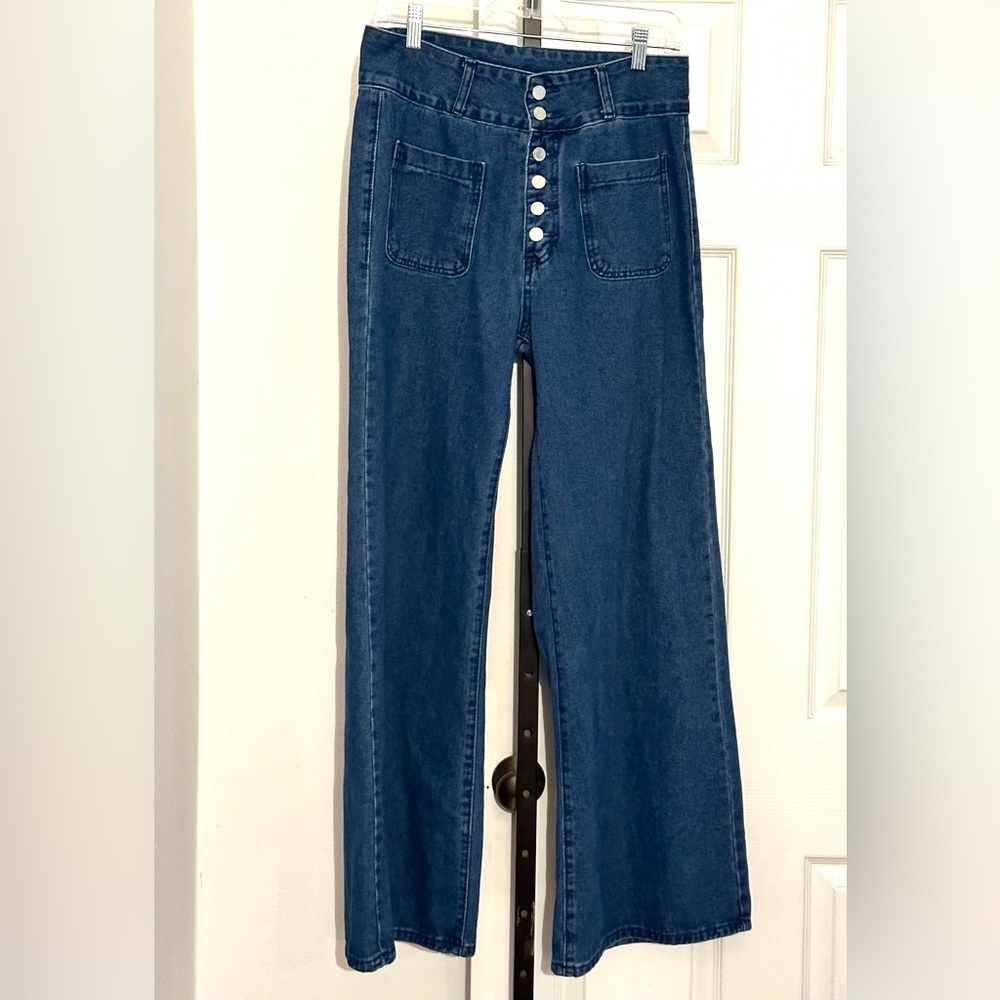 Shein button down high waisted bell bottom wide leg jeans